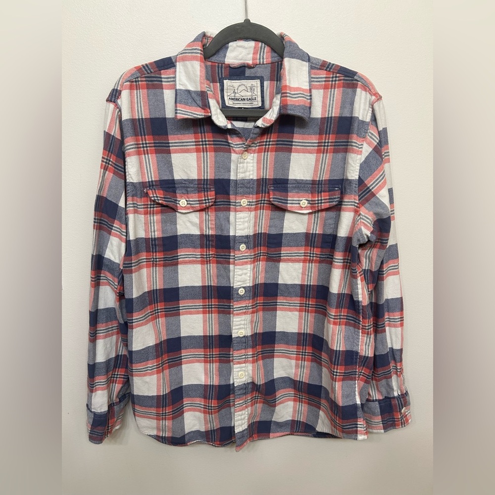 American Eagle Men’s Pink, White, and Blue Flannel Size Large